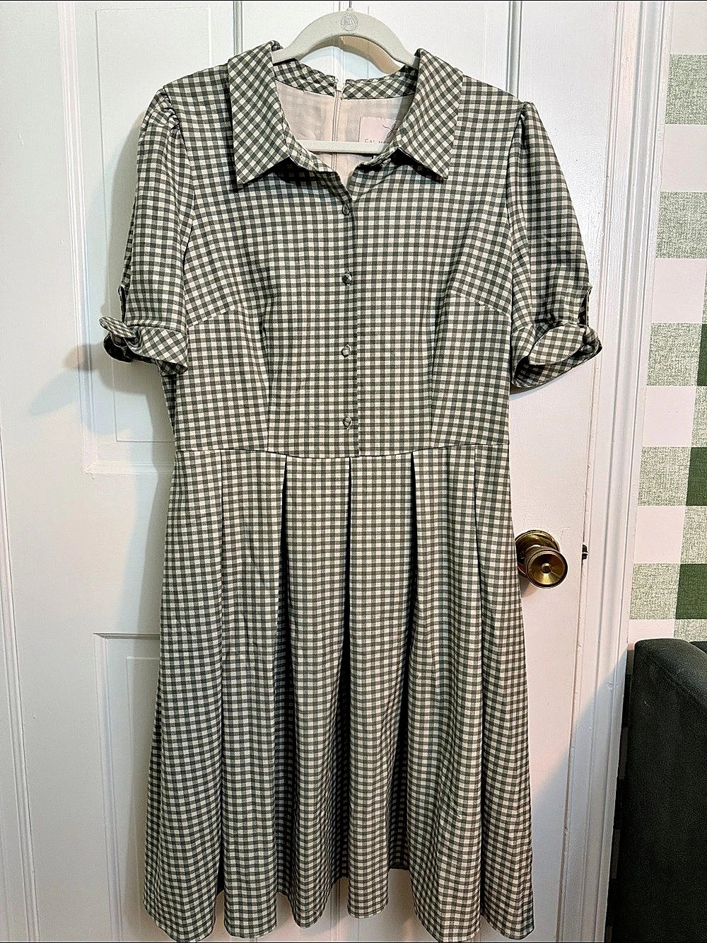 GAL MEETS GLAM Gingham Collared Midi Dress in Green & White Size 14 NWT